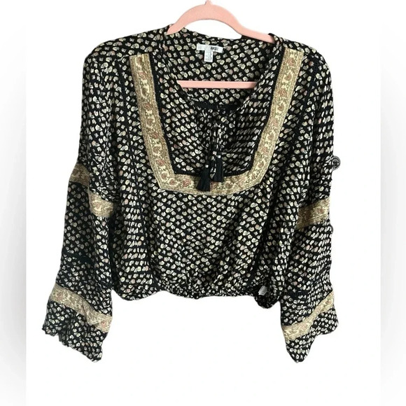 Amuse Society Boho Peasant Blouse Black Gold Print Small - Picture 1 of 3